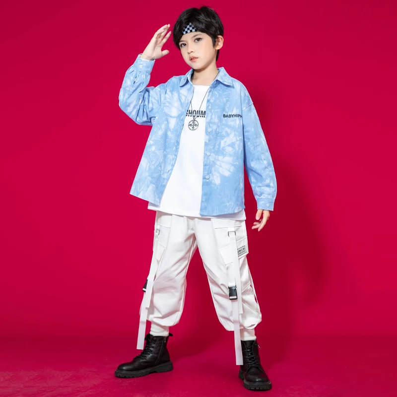 Blue Tie Dye Shirt Casual Streetwear Cargo Pants For Girl Boys Jazz Dance Costume Stage Clothes Kids Kpop Hip Hop Show Clothing