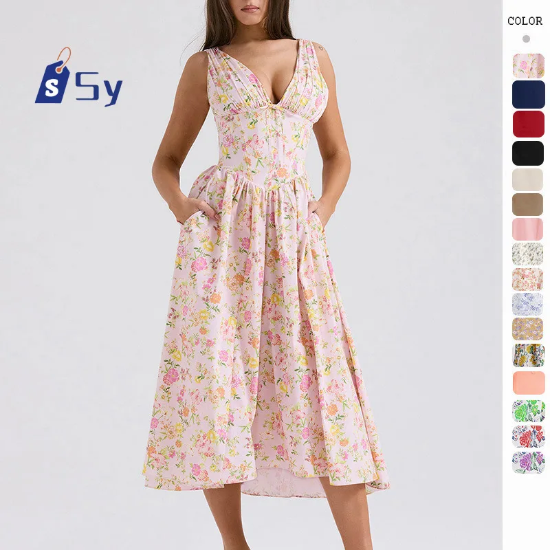 

Sy 2024 Dress Ladies Halter Elegant Party Dress Ladies Sexy Club Dress Solid Color Printed Dress Evening Dress