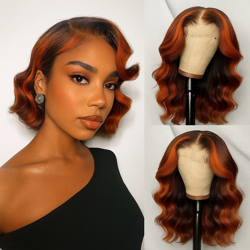 

Рыжие смешанные коричневые парики Балаяж # 4/350 Красная Медь Выделите Объемная Волна Короткий Боб Прямые Человеческие Волосы 13x4 Кружевные Фронтальные Парики