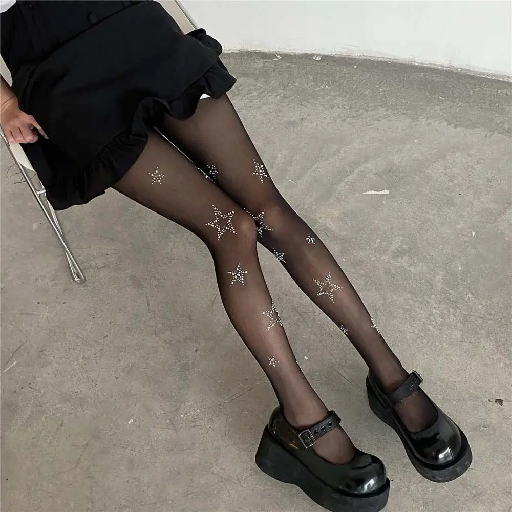 Star Bow Diamond Rhinestone Sexy Women Tights Mesh Fishnet Pantyhose Thigh High Stockings Anti-hook JK Lolita Girls Kawaii Tight