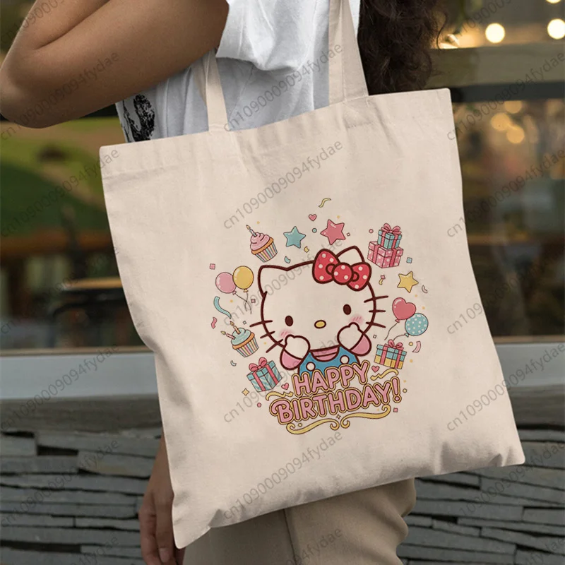 

Sanrio Hello Kitty Happy Birthday Printed Shopping Bag Funny Kawaii White Unisex Fashion Travel Canvas Bags