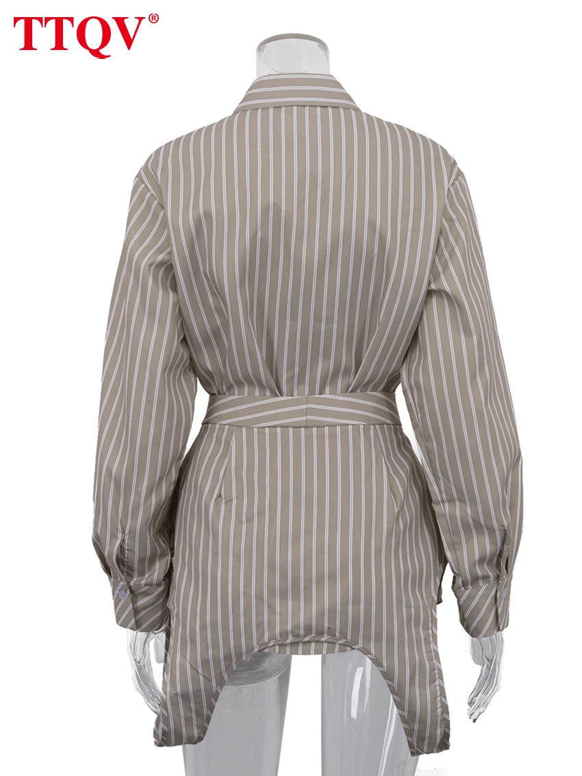 Blus Wanita Motif Garis Longgar TTQV Spring 2026, Kemeja Wanita Lengan Panjang Kerah Lapel Modis, Atasan Elegan dengan Ikat Pinggang, 2 Potong