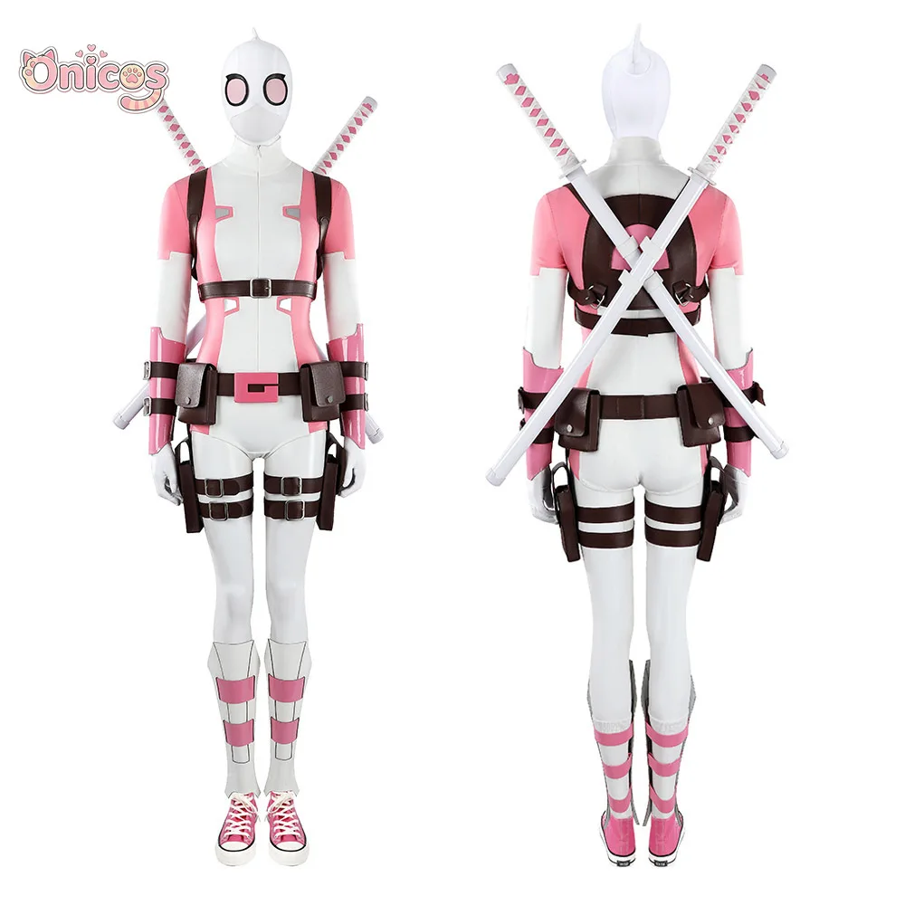 Disfraz de Cosplay de Gwenpool, Traje de Gwen Poole, Mono para Mujer, Traje de Batalla Rosa, Conjunto Completo, Disfraz de Halloween y Carnaval, AniMuse