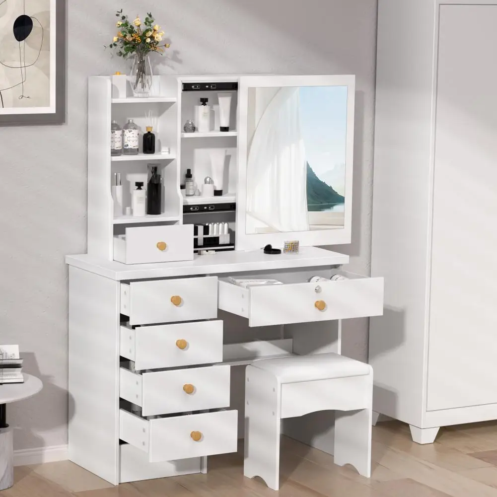 Vanity Desk with Sliding Mirror, Bedroom Dressing Table, Makeup Desk with 6 Drawers, Open Shelves, Hidden Storage Space image 6