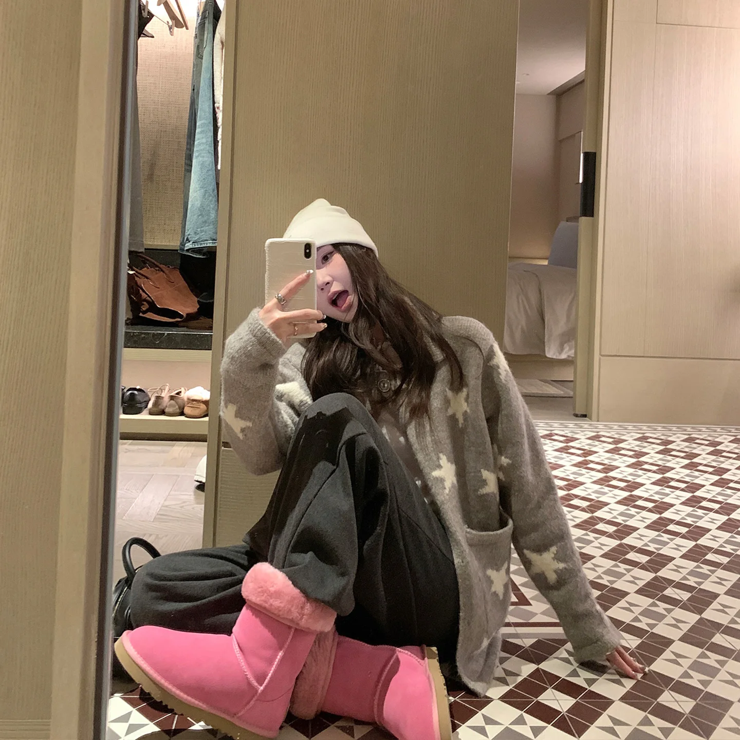 

Вязаный кардиган-пальто для женщин, весенний, повседневный, свободного кроя, с узором в виде звезд, отложным воротником, открытый, элегантный