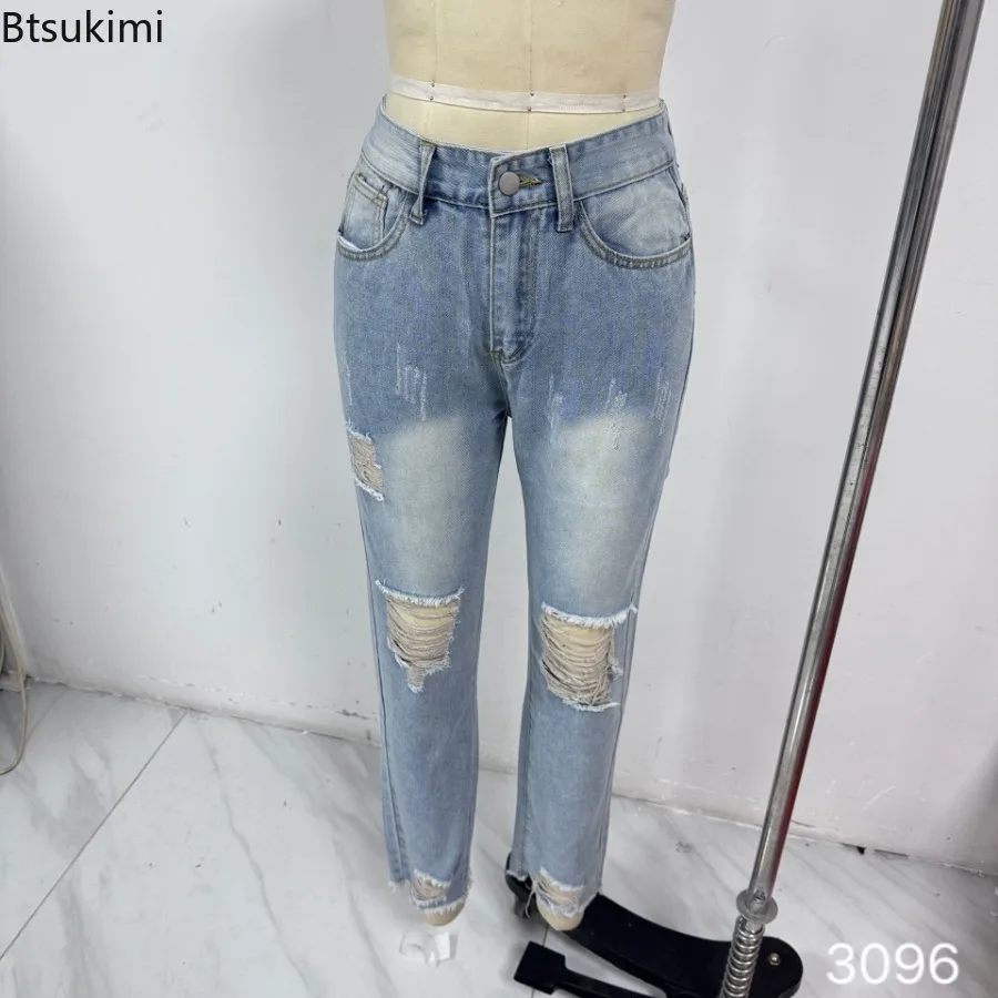 2025 New Women's Mid Waist Solid Ripped Jeans Fashion Casual Ankle-Length Denim Straight Leg Pants Lady Office Street Trousers