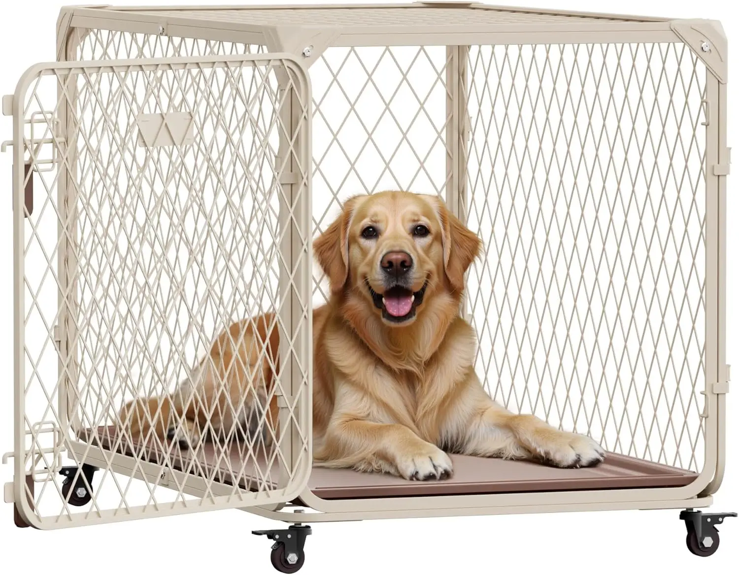 

36' Dog Crate with Wheels, Leak-Proof Tray, Diamond Mesh Metal Kennel for Dogs Up to 100 lbs