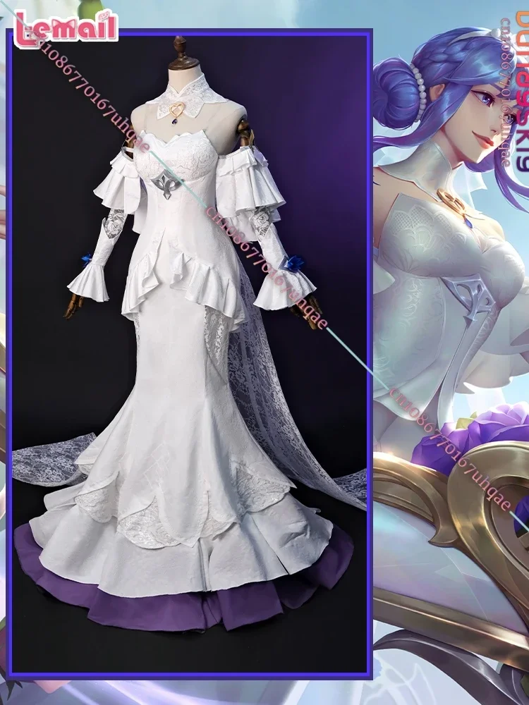 أزياء كوسبلاي كريستال روز سونا التأثيرية لعبة دوري الأساطير ملابس لعب الأدوار فستان أبيض طقم شعر مستعار أنيمي للحفلات Unifo