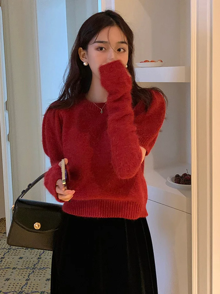 Woherb Puff Sleeve Korean Chic Crop Sweaterwomen Casual All Match Candy Color Knitted Pullover 2024 Y2k Jumper Sueter Mujer