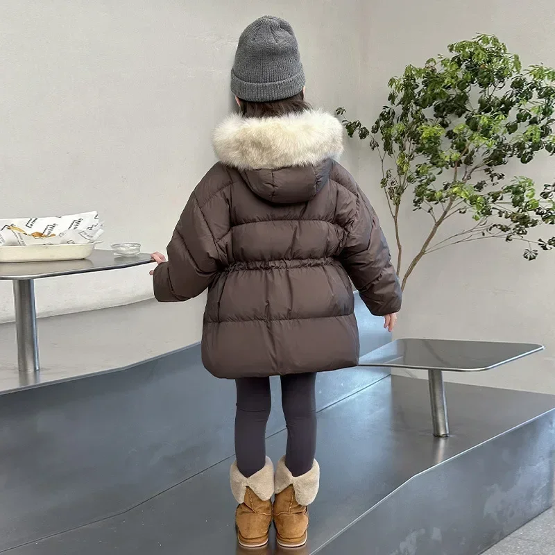 Girls Coat Hooded Down Padded Jacket Mid-length Baby 2024 New Korean Version Padded Winter Coat Korean Simple Style Clothes