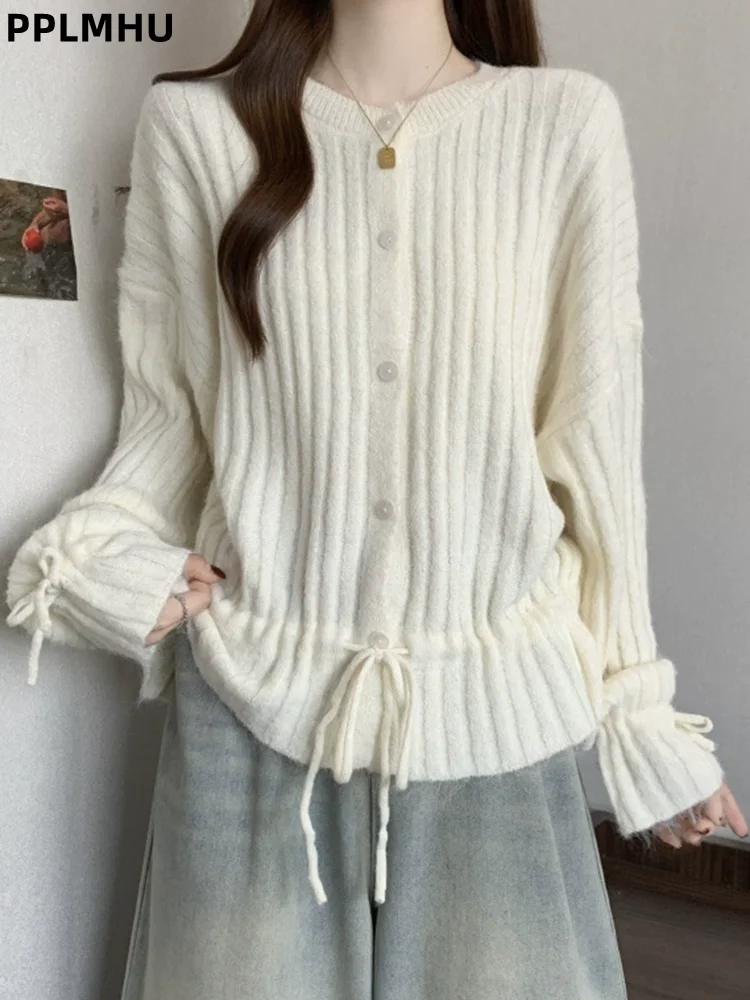 

Drawstring O-neck Baggy Knitted Cardigan Women's Casual Lace-up Straight Jumpers Sueter Fashion Loose Soft Knitwear Pullovers