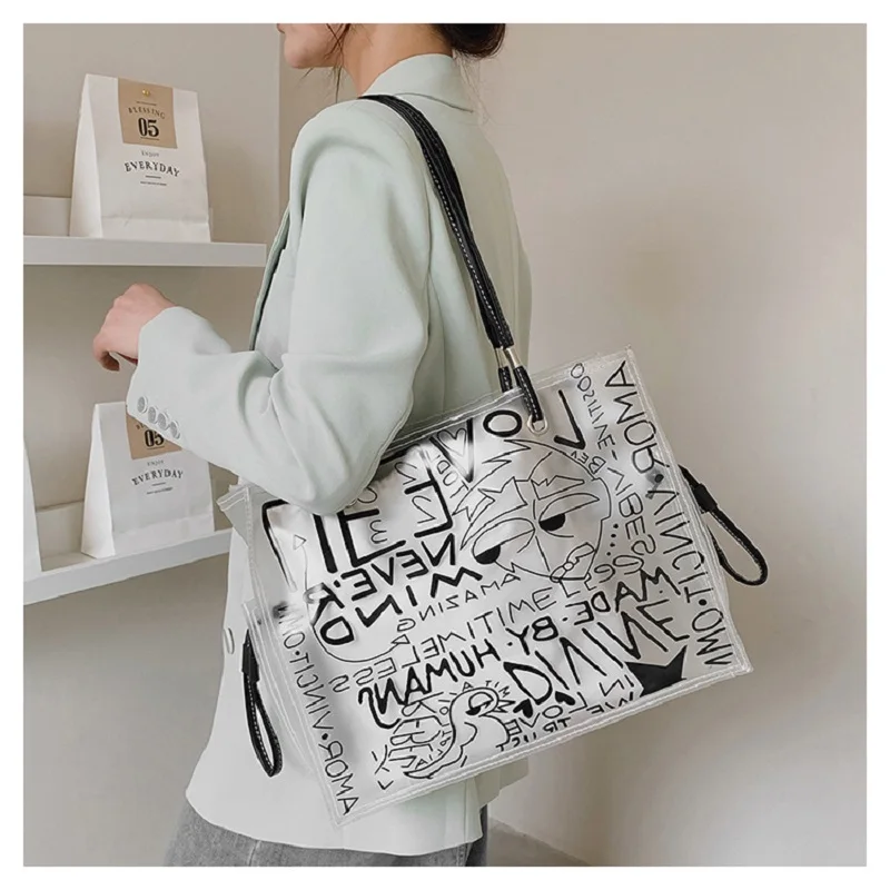 Ladies Transparent Tote Bag Graffiti Large Capacity Shoulder Bag PVC Jelly Clear Bag Fashion Beach Hand Bag for Women