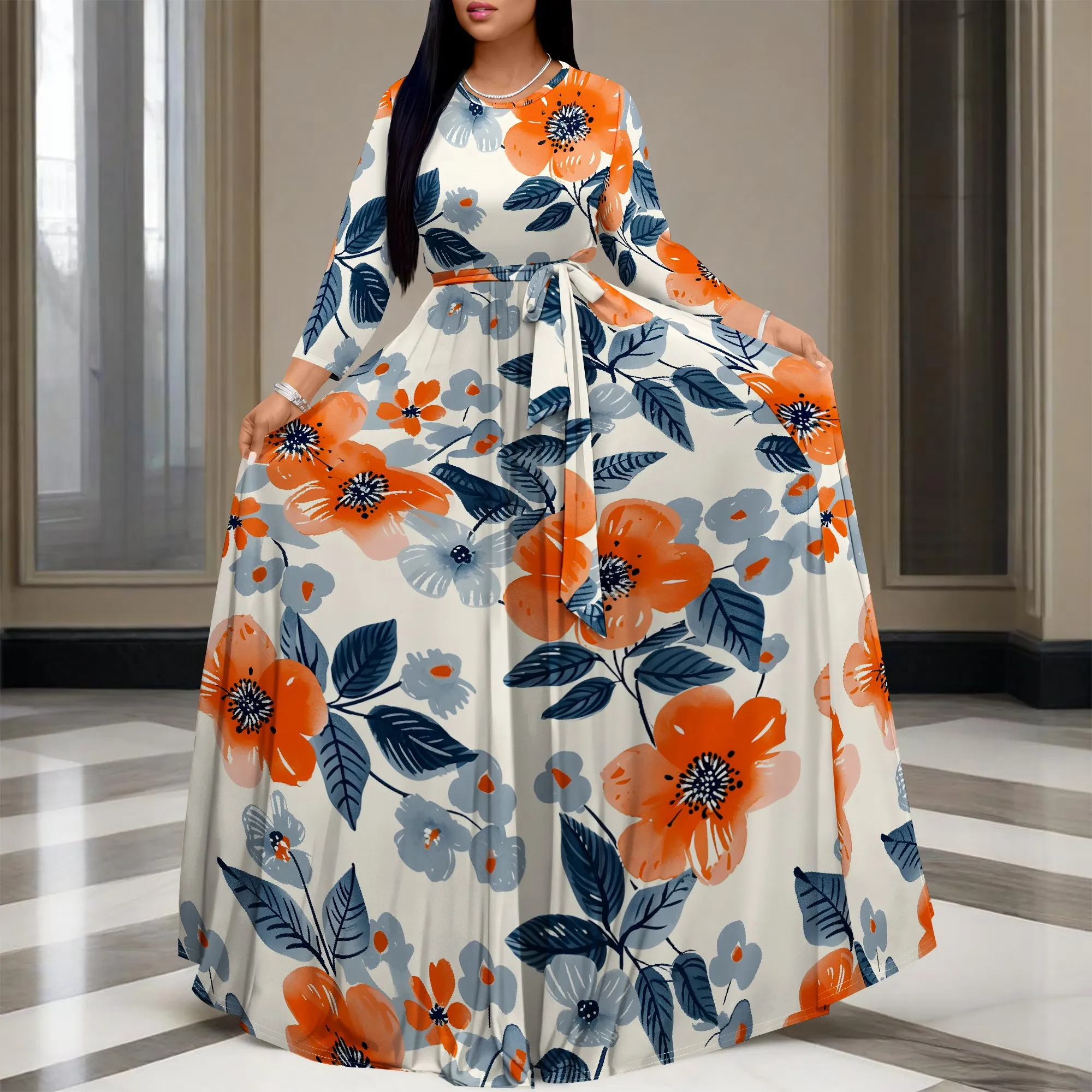 

Women's Summer Autumn 3/4 Sleeve V-neck Long Dress, 3D Printed Princess Skirt With Pockets And Waist Belt