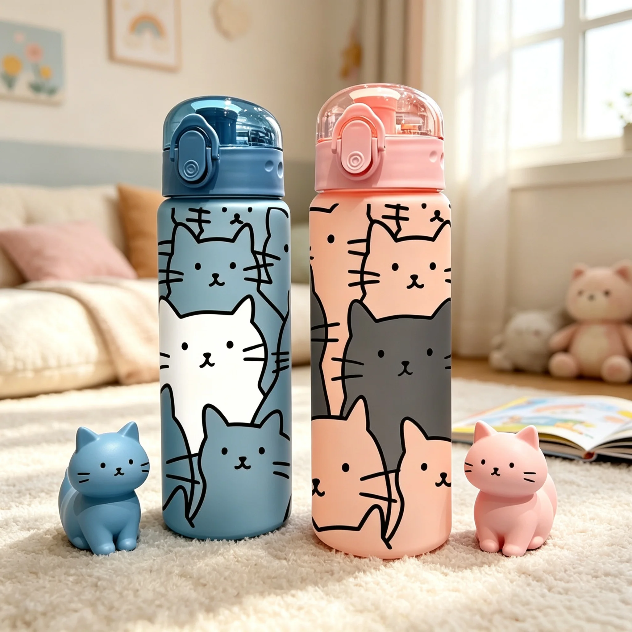 780ML 3D Cartoon Cat Printed Durable Water Bottle PVC-Free, Leak-Proof, Matte Finish, Includes Carry Loop, Perfect for Holidays