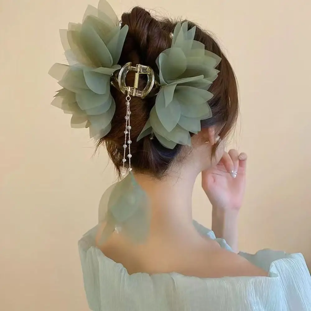 Jepit Rambut Rumbai Panjang Baru Jepit Rambut Elegan Bunga Jaring Aksesori Rambut Klip Hiu