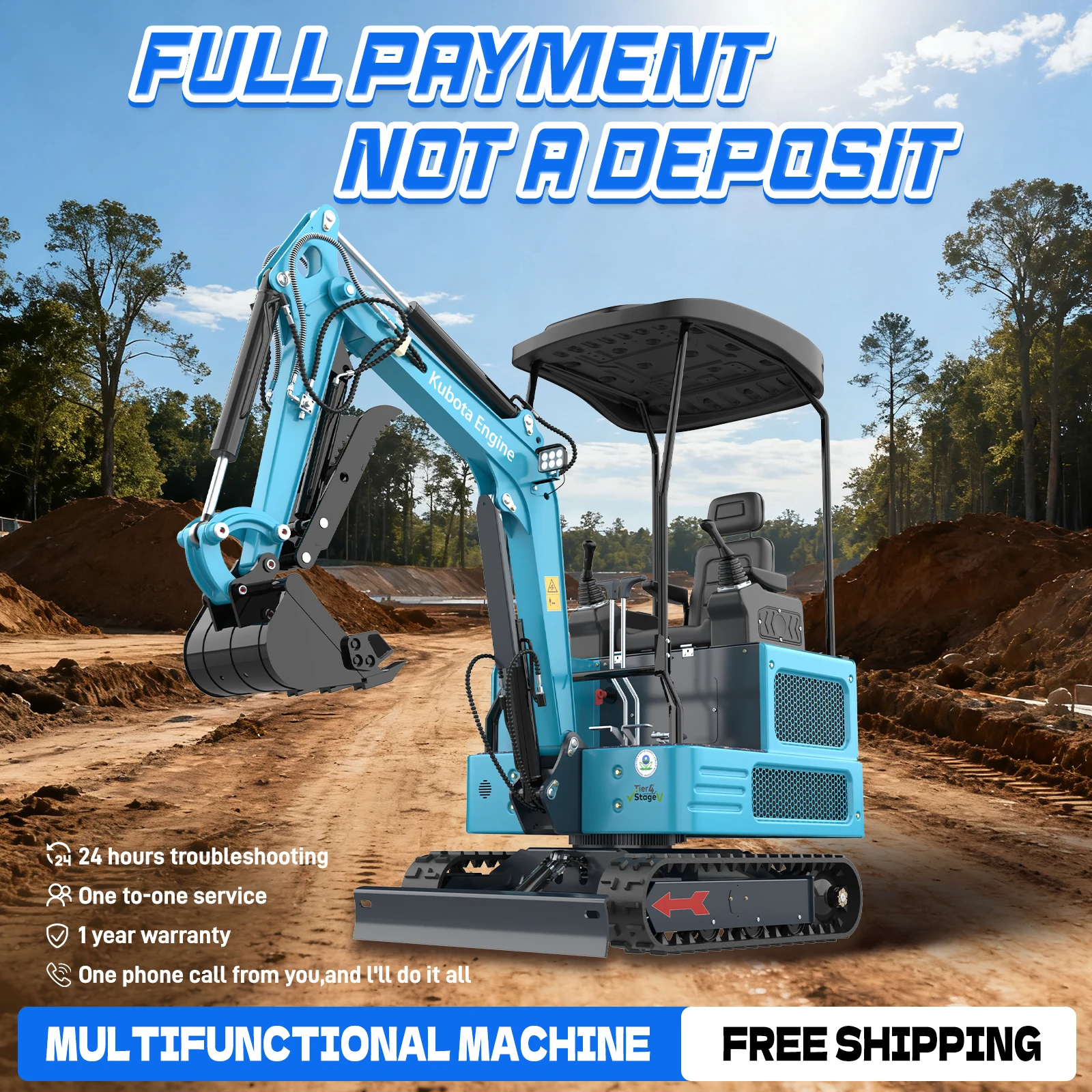 Mini Excavator  1.8 Tons  Kubota Engine, Integrated and Durable, Can Dig Up to 2 Meters Deep, EAP Suitable for Garden, Farm, and