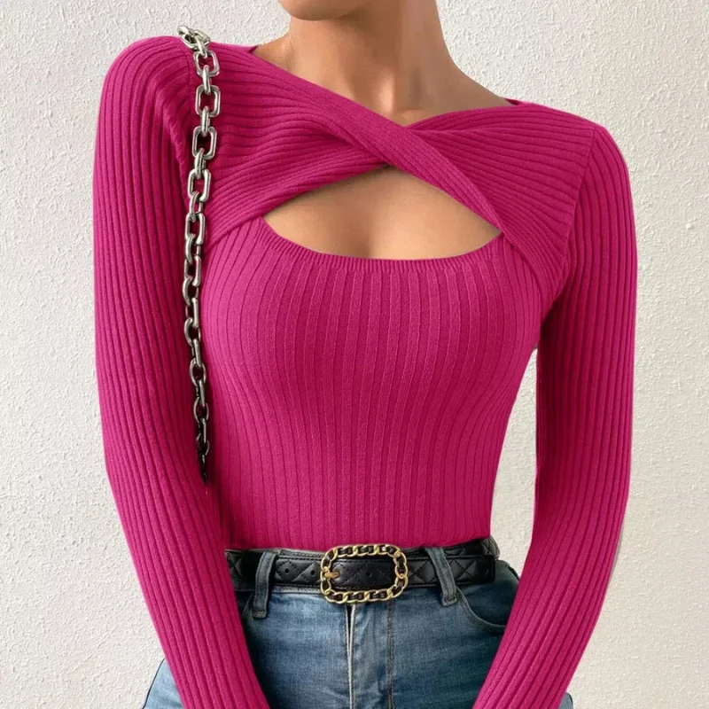 Hollow Chest Long-sleeved Sweater with Small Pits and Ribbed Round Neck Top for Women