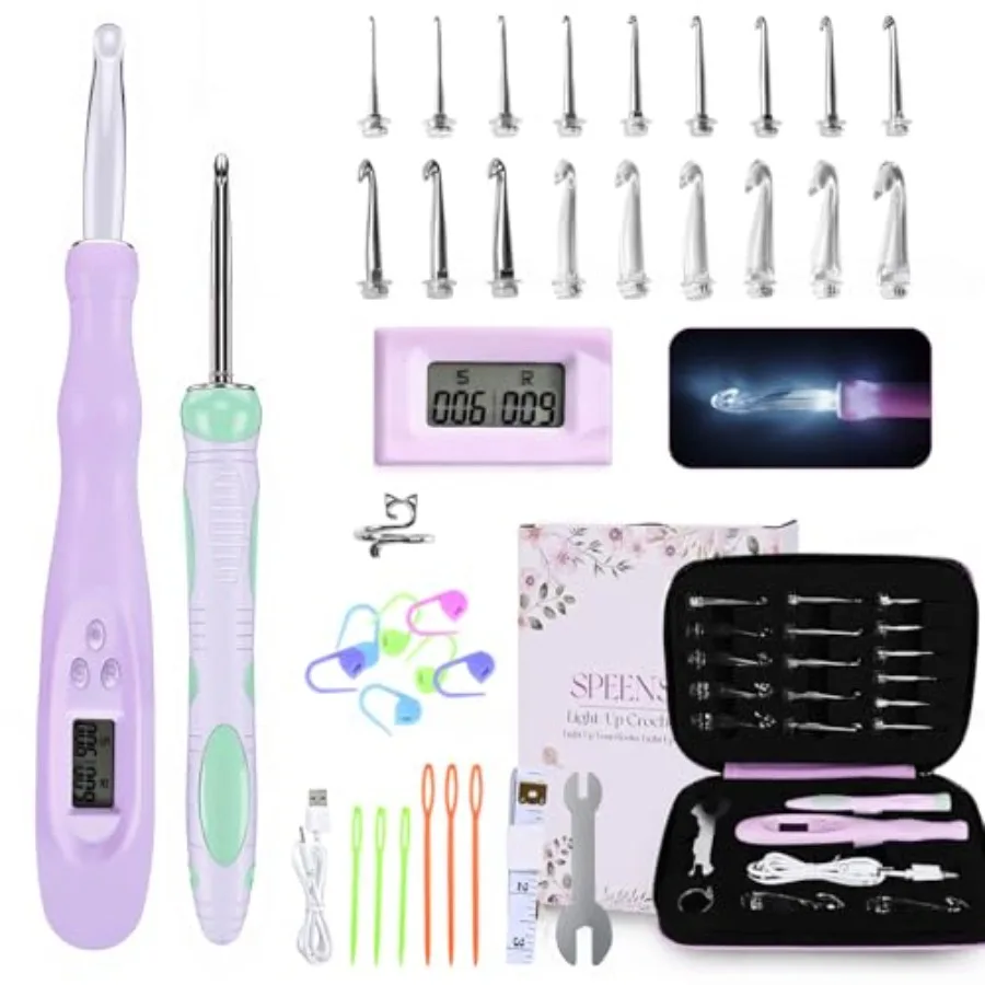 

Light Up Crochet Hook Set with Stitch/Row Counter 18 Replaceable Heads 2mm-14mm Crochet Hooks Bright/Low Light Modes with Ergon