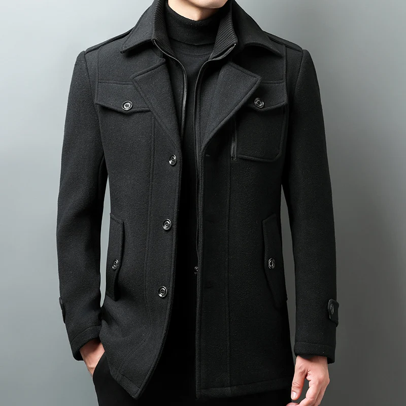 

The Main Promotion of New Explosive Autumn and Winter New Mid-length Woolen Jacket Solid Color Patterned Slim Men's Coat