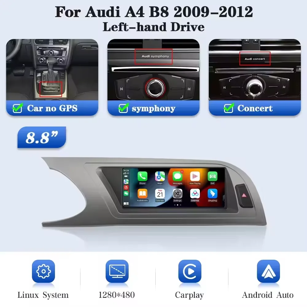 8,8 inch draadloze CarPlay Android Auto Linux systeem autoradio voor Audi A4 B8 2009 2010 2011 2012 touchscreen multimediasysteem