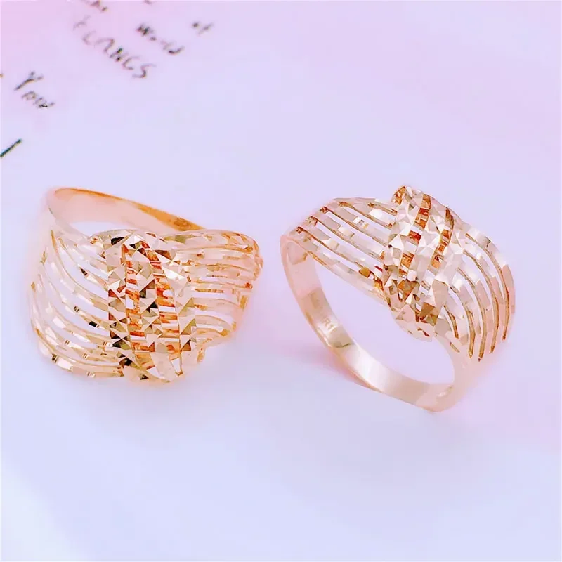 14K Rose Gold 585 Purple Gold Fashion Luxury Charm Geometric Wavy Wide Version Hollow Craft Opening Rings for Women