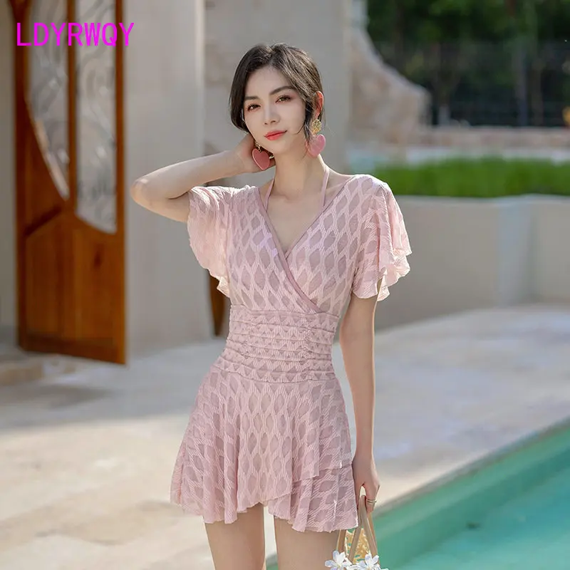 One-piece swimsuit for women 2023 New Korean style steel bracket gathered skirt swimsuit Flat angle conservative bikini