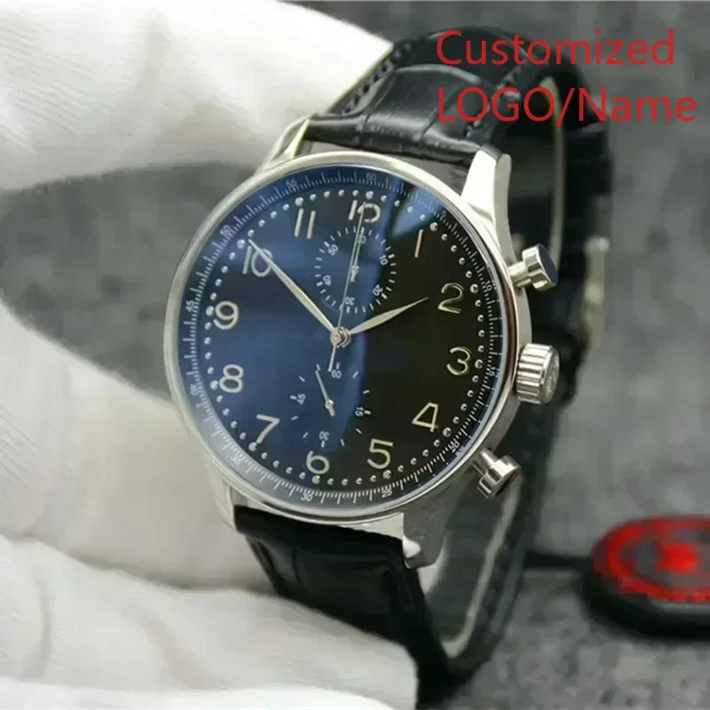 นาฬิกาข้อมือควอตซ์โครโนกราฟ 43 มม. รุ่น Portugueses Series VK63 หน้าปัดสีดำขาว สำหรับผู้ชาย สไตล์ธุรกิจ สายหนัง แฟชั่น  สามารถปรับแต่งได้