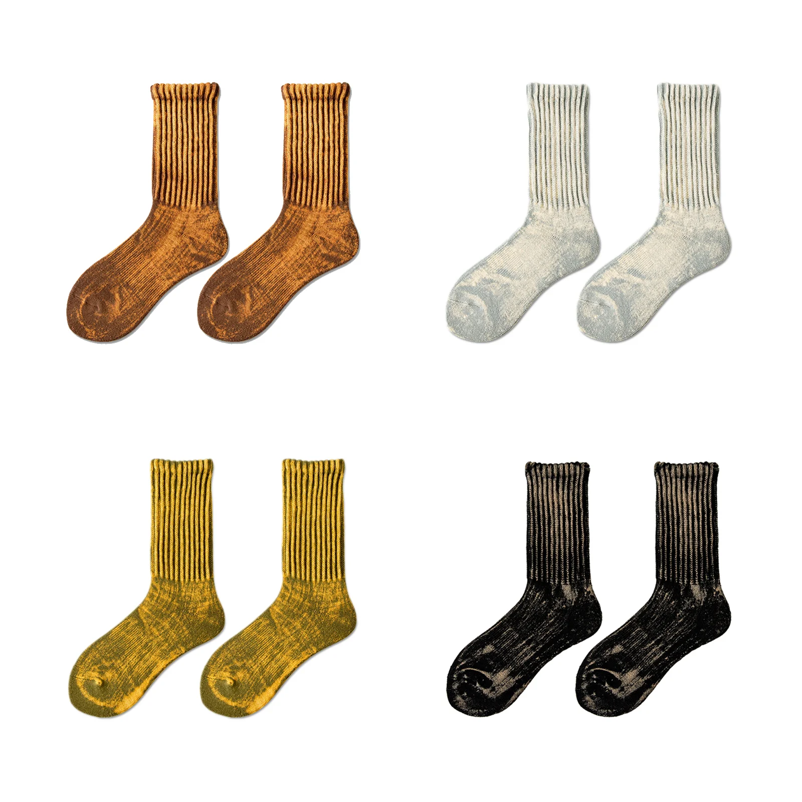 Women's distressed cotton socks, personalized warm socks, four-color combination (1 pair each of coffee/grey/yellow/black)