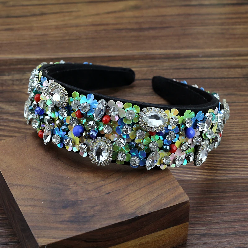 Handmade Flower Crystal Sequins Beaded Hairband Colorful Diamante Baroque Handwoven Headband For Women Hair Jewelry