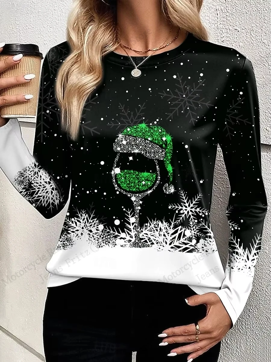 クリスマスワインカップ帽子 3d プリント長袖 Tシャツ女性ファッションカジュアル特大スノーフレーク Tシャツ女性トップス Tシャツ女性服