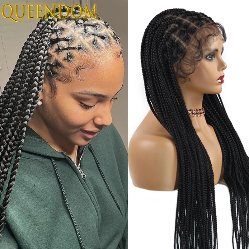 Peluca de encaje Frontal con trenzas de caja, pelo de bebé de 36 pulgadas, encaje completo, trenza entrecruzada Súper Larga, pelucas de encaje Frontal trenzado sintético