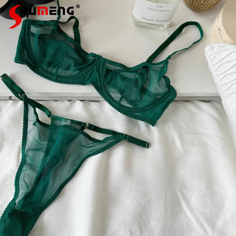 

Sexy Lace Adjustable Bra Set for Women French Embroidery Mesh Underwear Outfits Female Ultra Thin Large Bust Lingerie Suits
