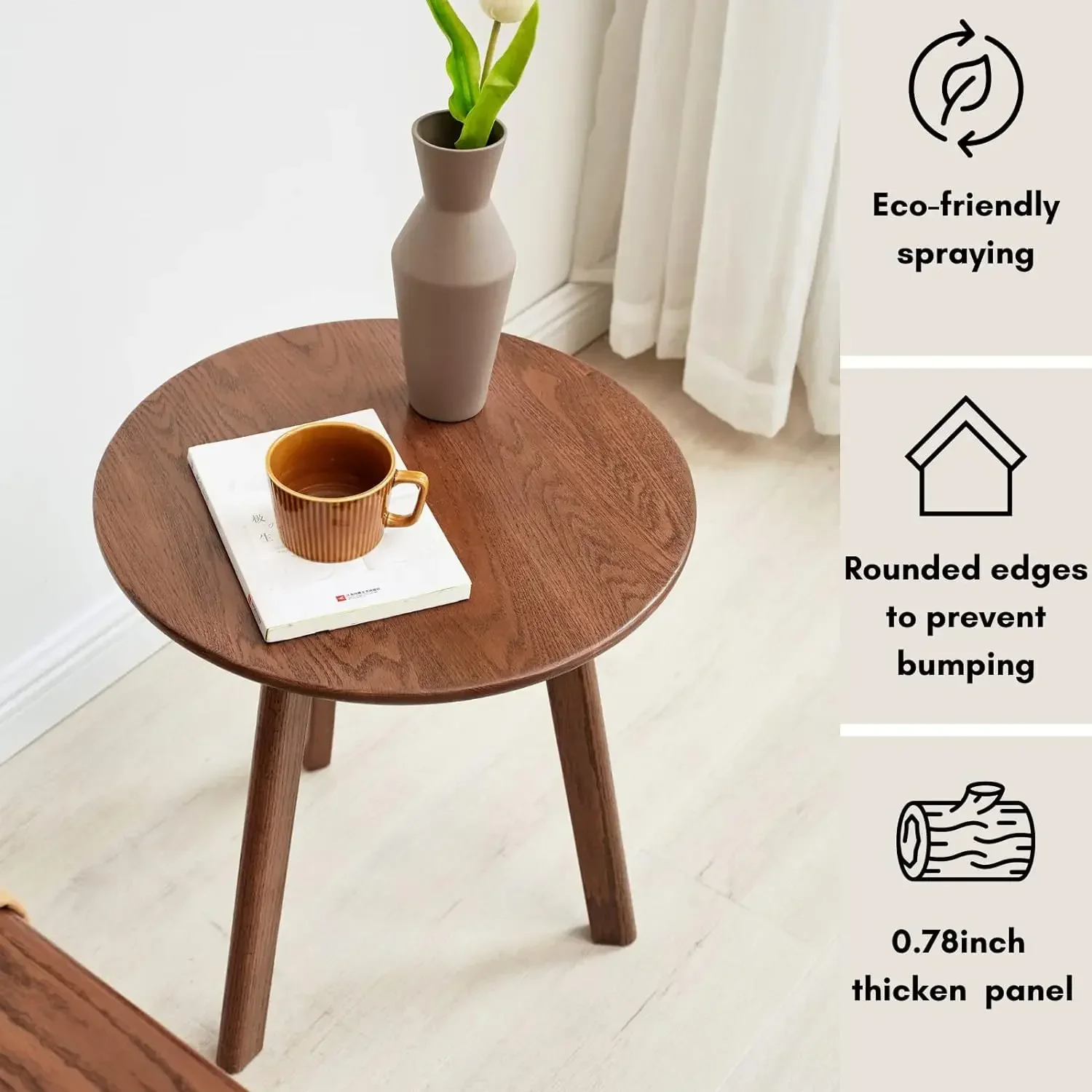 Round Side Table - 100% Natural Solid Wood - 3 Legged Wood End Table for Living Room - Small, Elegant Round End Table- Eco