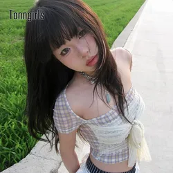 Tonngirls Vintage T Shirt donna manica corta Patchwork Plaid Lace Crop top Y2k Fairycore magliette Streetwear 2000s magliette giapponesi