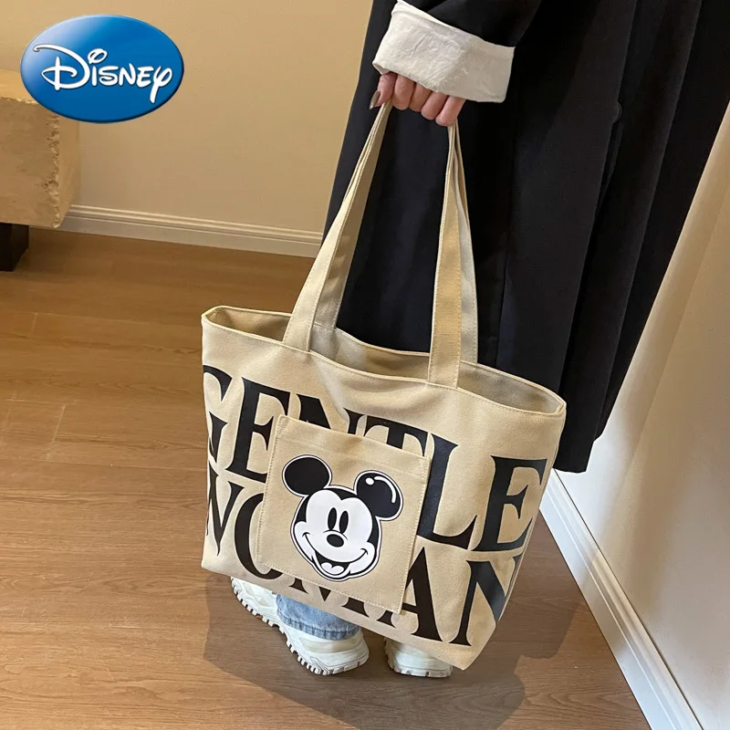 Disney Large Capacity Canvas Bag Women\'s 2024 New Trendy Cartoon Mickey Tote Bag College Student Class Shoulder Tote Bag