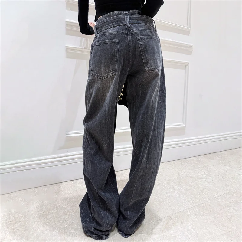 Damenjeans 2026 Frühjahr neue Low-Waist-Slim-Fit-Hose mit geradem Bein Gürteldekoration Baumwolle Hose mit geradem Bein Damenhose