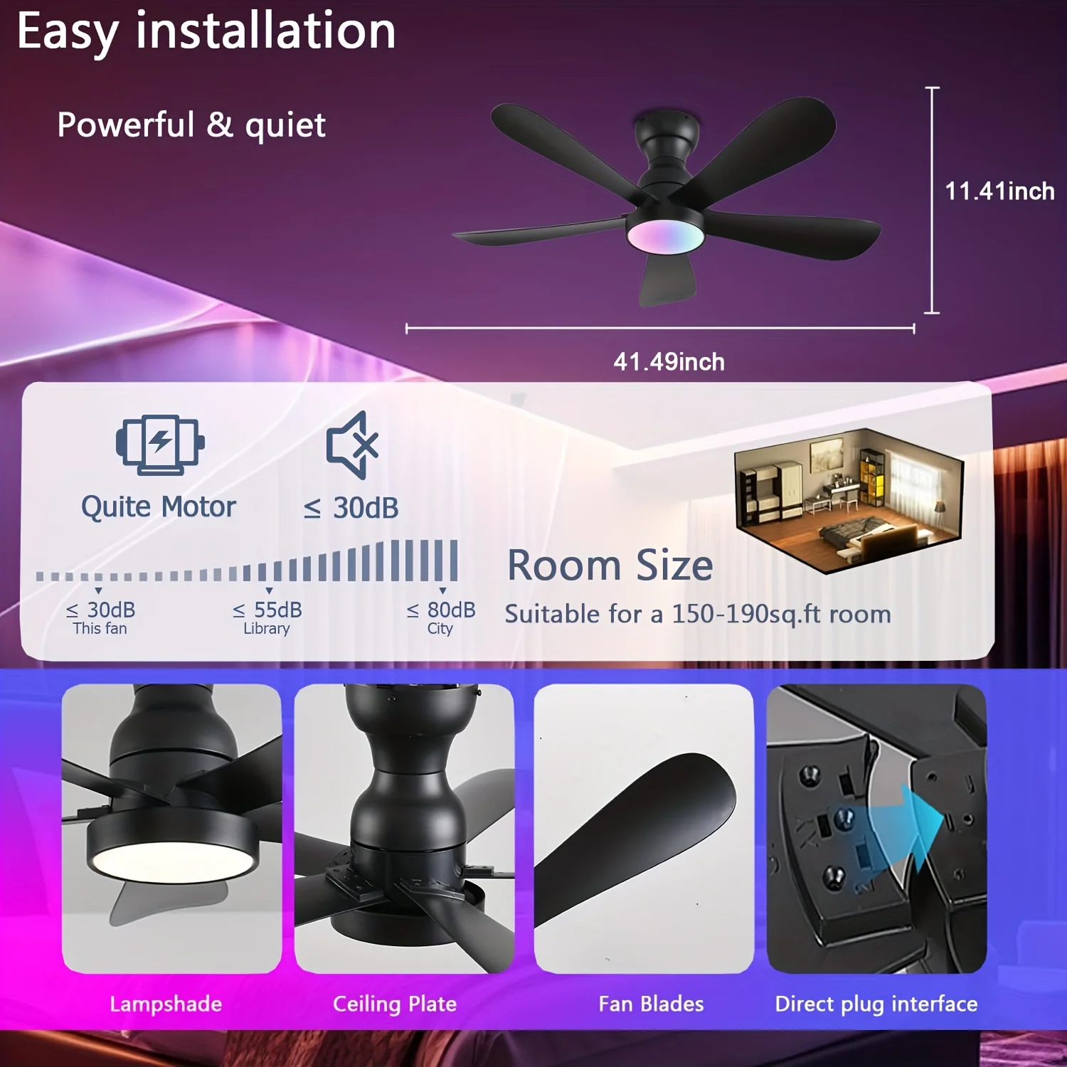 42-inch Modern Flush-Mount Ceiling Fan with RGB Dimmable Light & Quiet Operation — Remote + App Control, Indoor/Outdoor Use, Com view 4