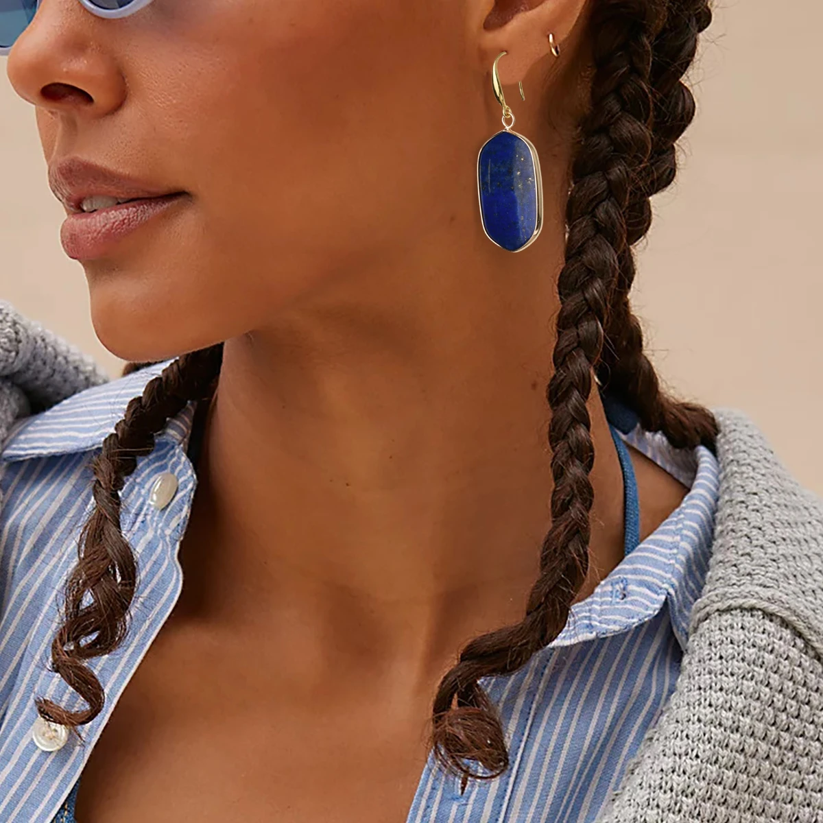 Natural Stone Lapis Round Water Droplet Dangle Earrings Bohemian Wome\'s Delicate Trendy Banquet Party Handmade Jewelry