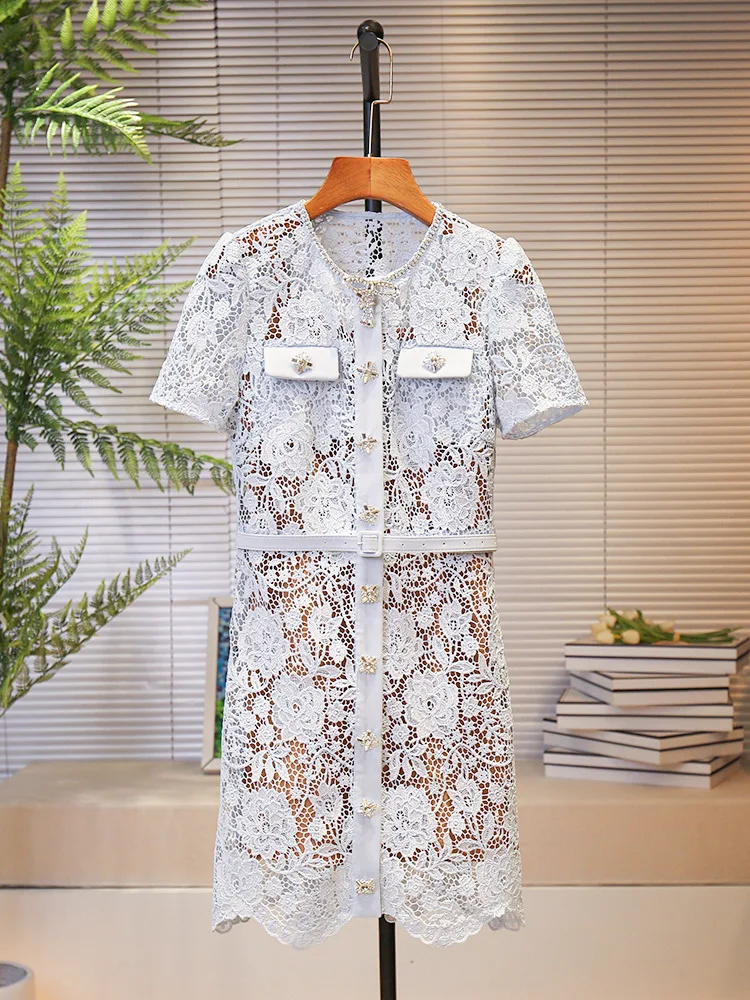 Women Light Blue Dress Lace Hollow Out Single Breasted O-Neck Short Sleeve Beaded Sweet Summer 2024 Mini Robe with Belt