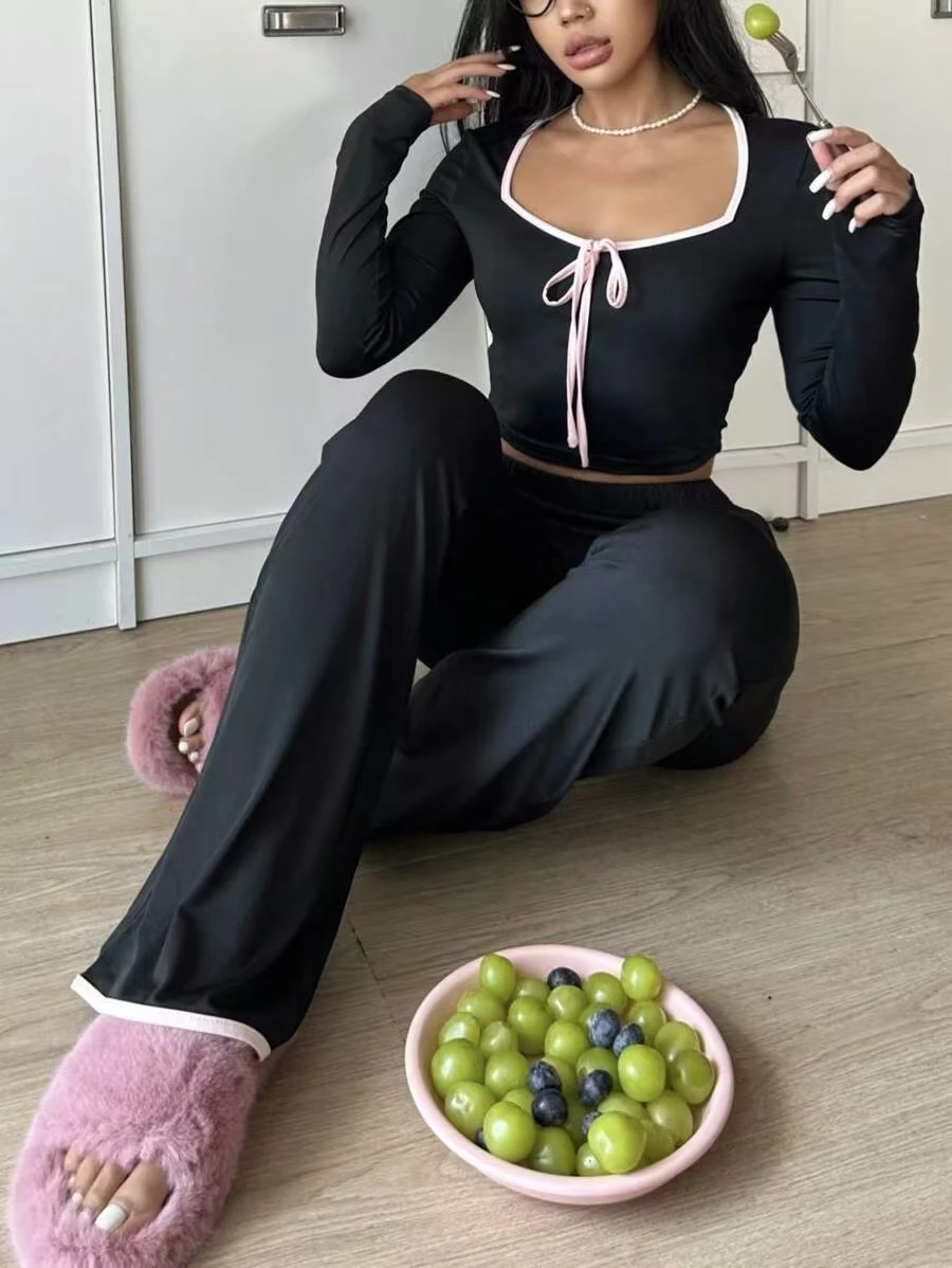 

Ele Long Sve Top And Pants Set Home Clothes Two-Piece Set Faionable Youth Leisure Thin Material Pure Color Straight Leg