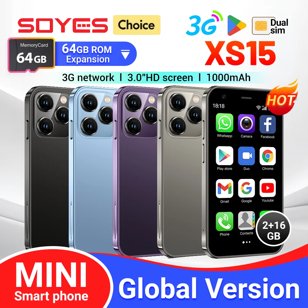 SOYES XS15 Mini Android8.1 Smart Phone Display da 3,0 pollici 2 GB RAM 16 GB ROM Dual SIM Standby Play Store 3G Piccolo telefono