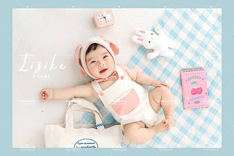 Fresh blue checkered pink rabbit girl treasure hundred day old photography costume rabbit year costume props fotografia  bebê