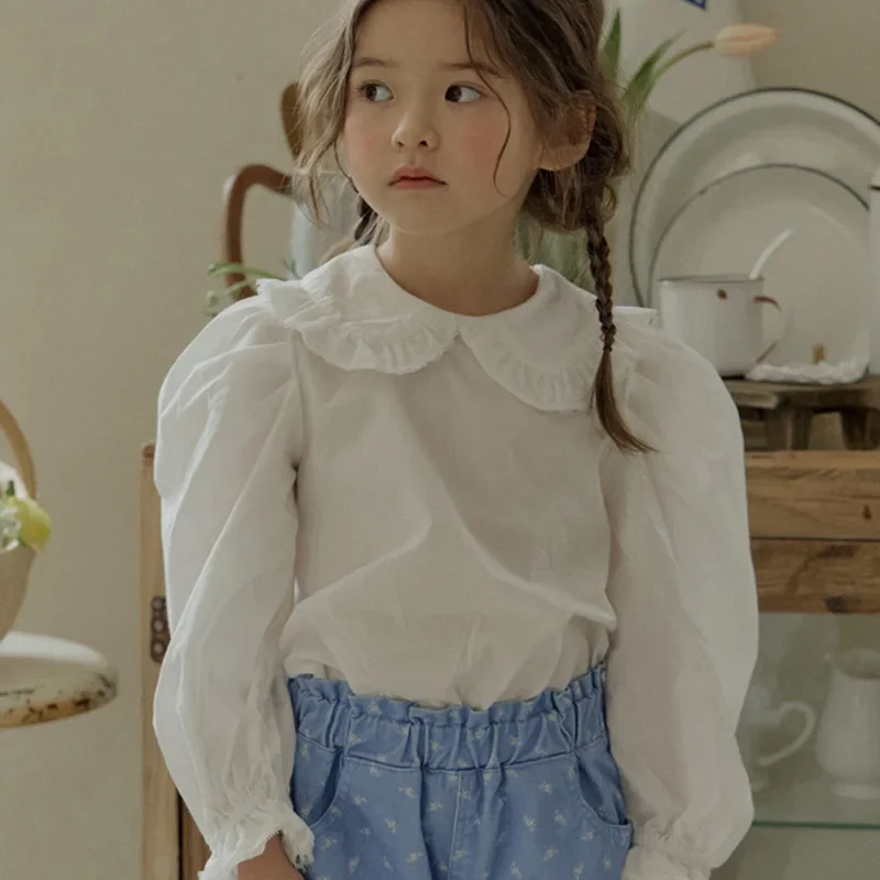 

Blouses Spring Korea Girls Children Clothing Lovely Lapel Collar Solid Color Long Sleeved Princess Style Shirt 2024