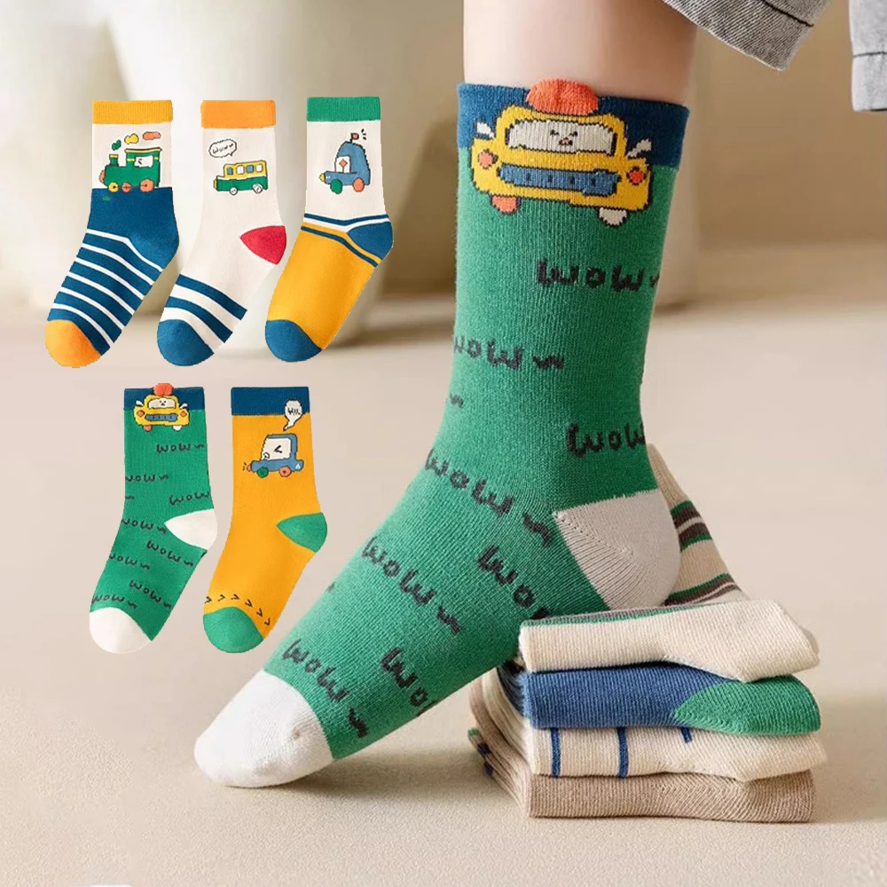 5 Pairs Children's Socks, Boys' Mid tube Socks ,  Autumn/Winter, Boys Students Cartoon Cars Sports  Socks