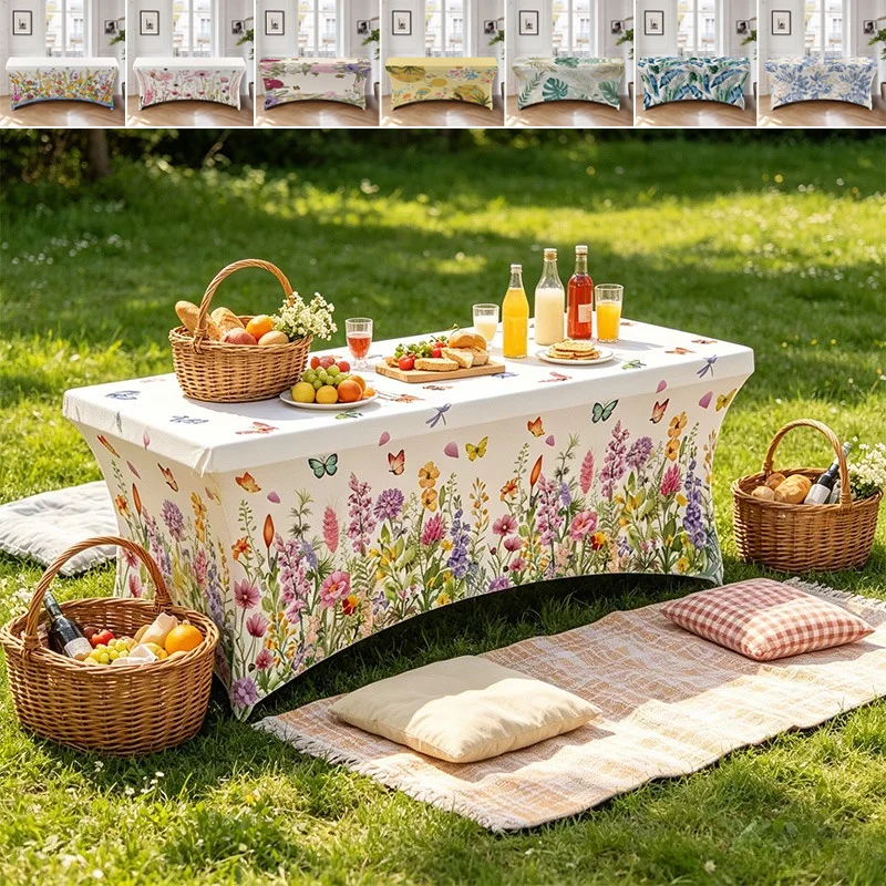 Floral Printed Stretch Tablecloth All-around Elastic Wrap Table Cover Multi-size For Holiday Banquet Outdoor Indoor Party Decor