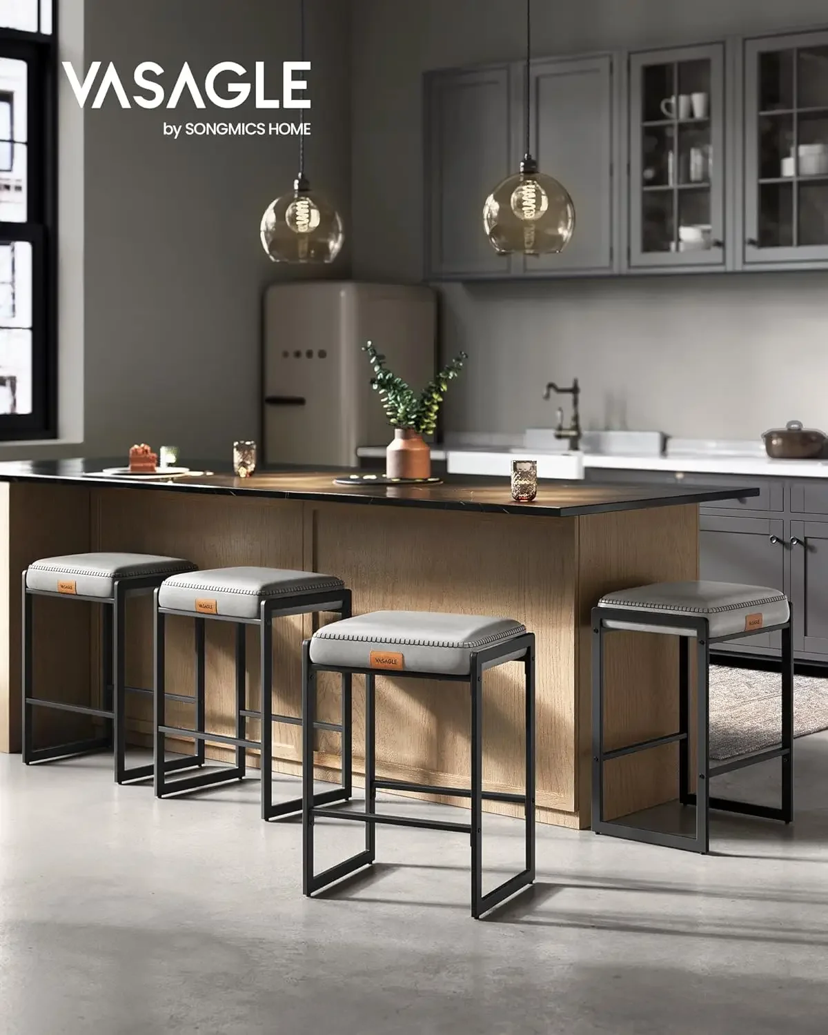 Kollektion – Barhocker-Set, 4er-Set, Barhocker in Thekenhöhe, Kunstleder mit Nähten, Mid-Century Modern C