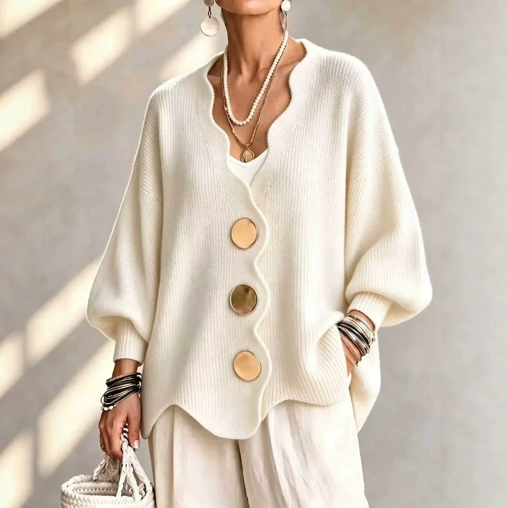 Cream Lapel Knit Cardigan Women Big Gold Buttons Lantern Sleeve Loose Oversized Sweater Coat Casual Elegant Fall Outerwear
