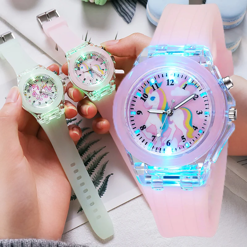 Cartoon Unicorn Children Watches Kids Color Light Source Silicone Dinosaur Girls Watch Boys Gift Clock Wrist Relogio Feminino