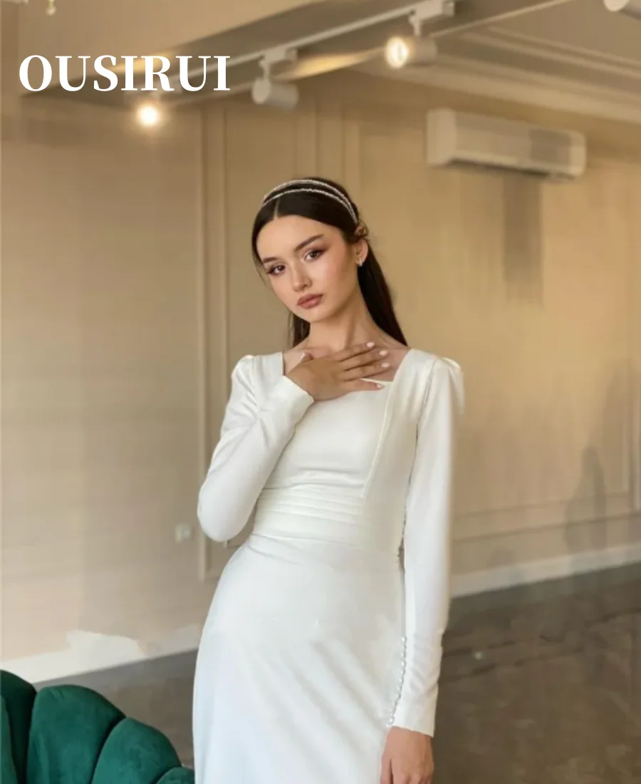 OUSIRUI Square Neck Buttons Floor Length Elegant Women Bride Formal Dresses Simple Sheath Long Sleeves Wedding Dress Soft Satin