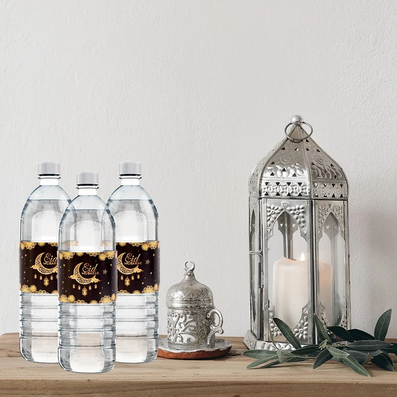 2025 Eid Mubarak Water Bottle Stickers Self-Adhesive Labels for 2025 Ramadan Decoration Muslim Islamic Eid Party Supplies
